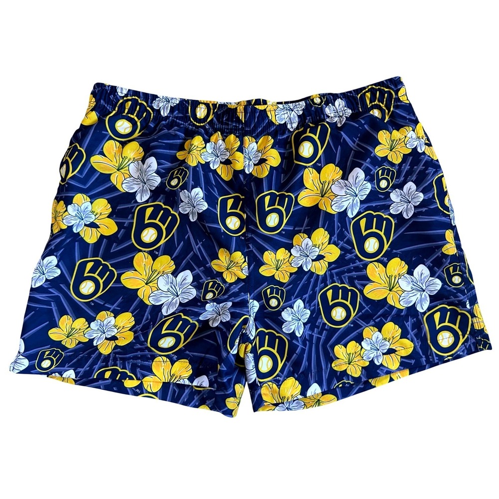 Milwaukee Brewers Hawaiian Floral Print Men's Swim Trunks Large MLB Licensed